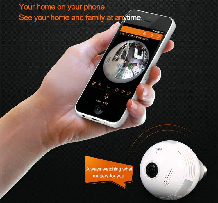 Wireless VR ip camera 360 degree Panoramic view BULB-VR102 phone